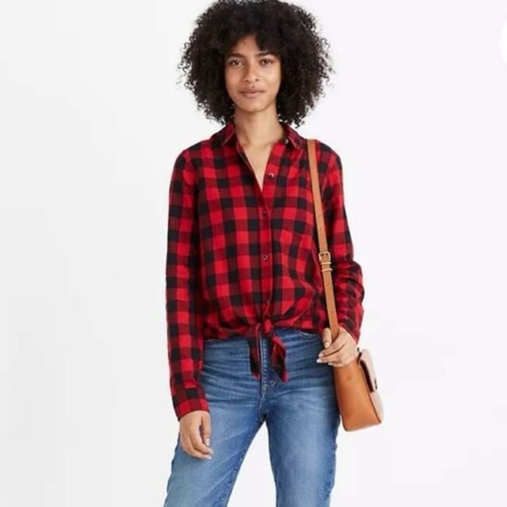 Madewell - Black/Red Buffalo Plaid Tie Front Flannel Top - Sz XXS
